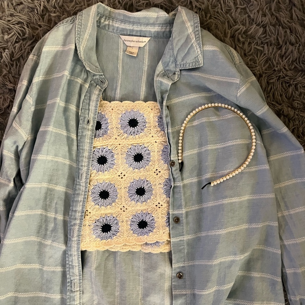 3 Piece Set Light Denim Top and Crochet tank M/L with headband